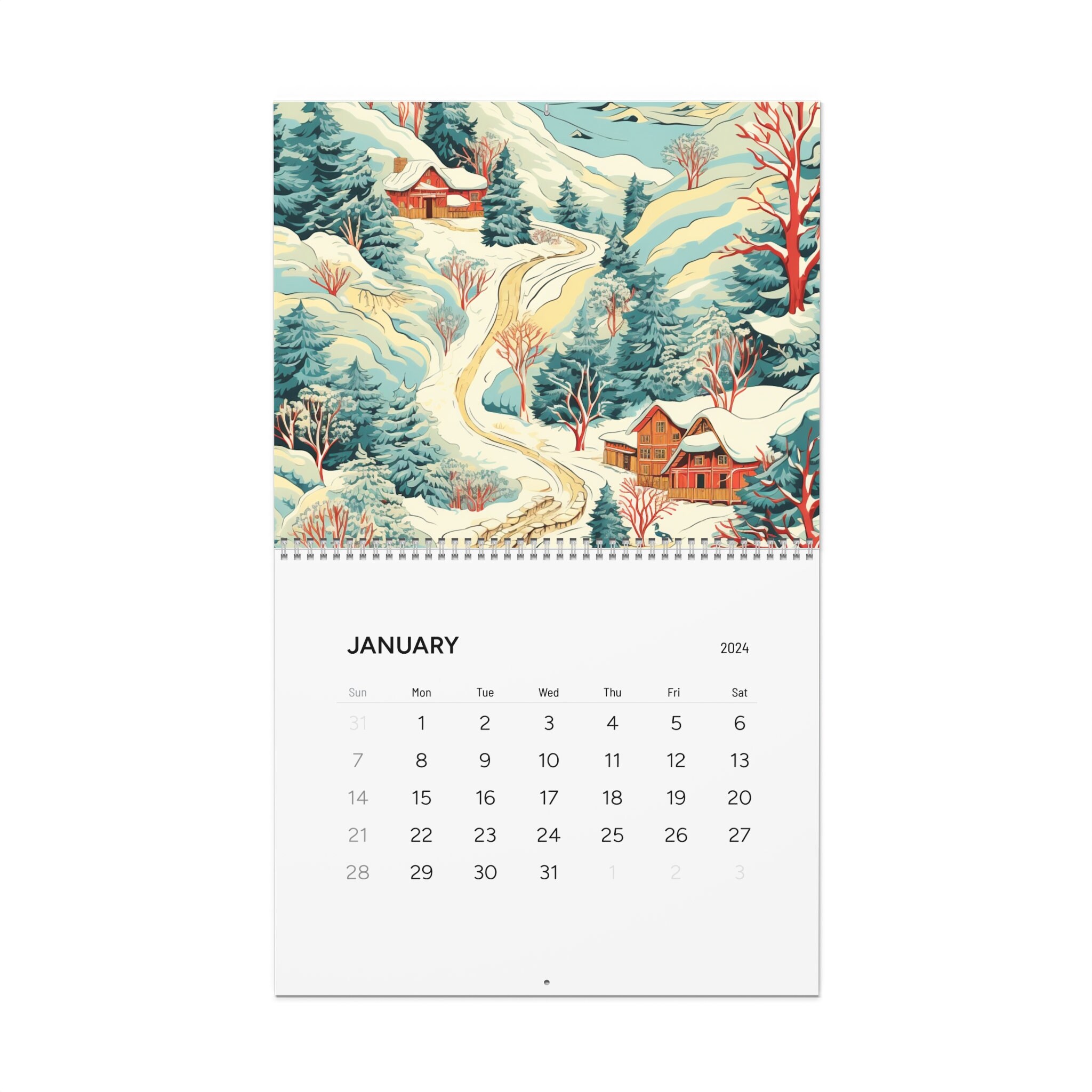 Ski lodge wall calendar 2025, snow mountain calendar 2025, snow lodge