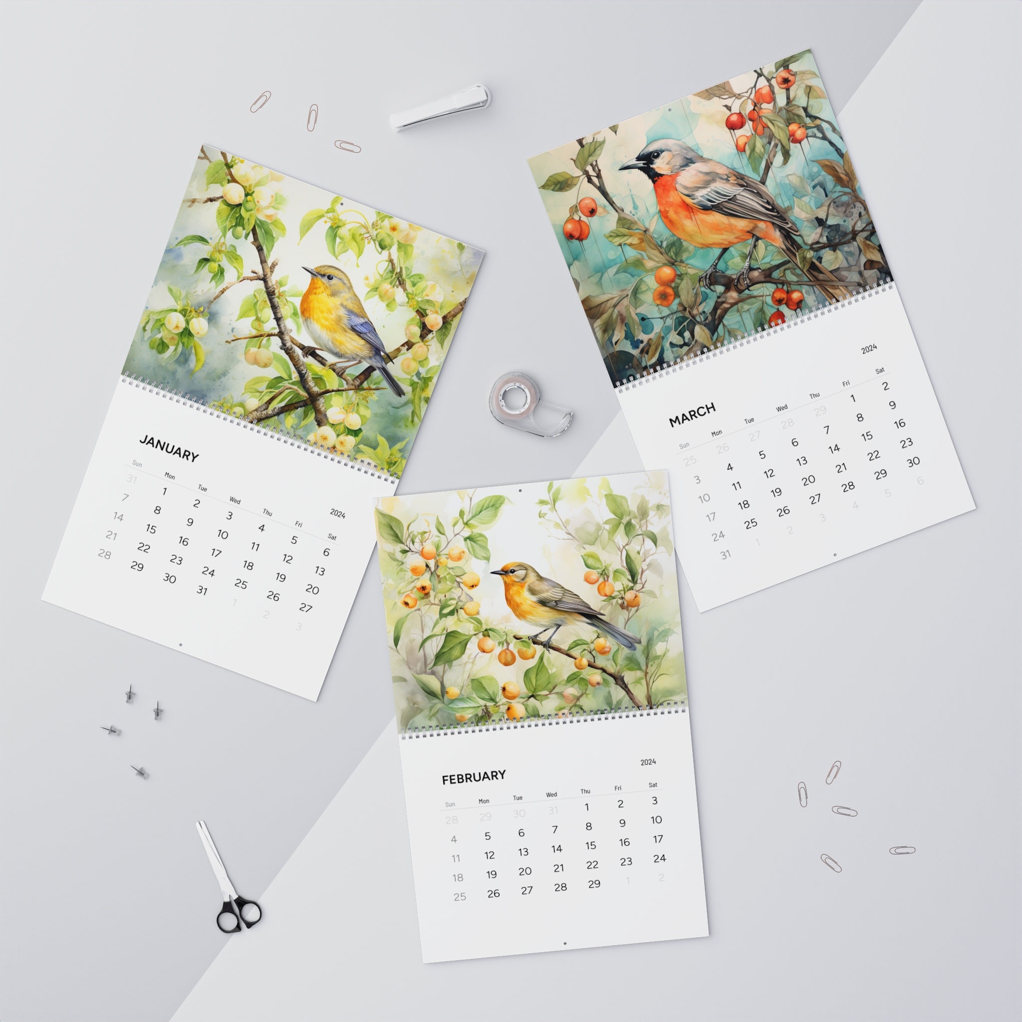 Bird calendar 2024, bird fruit tree calendar 2024, 2024 calendar bird