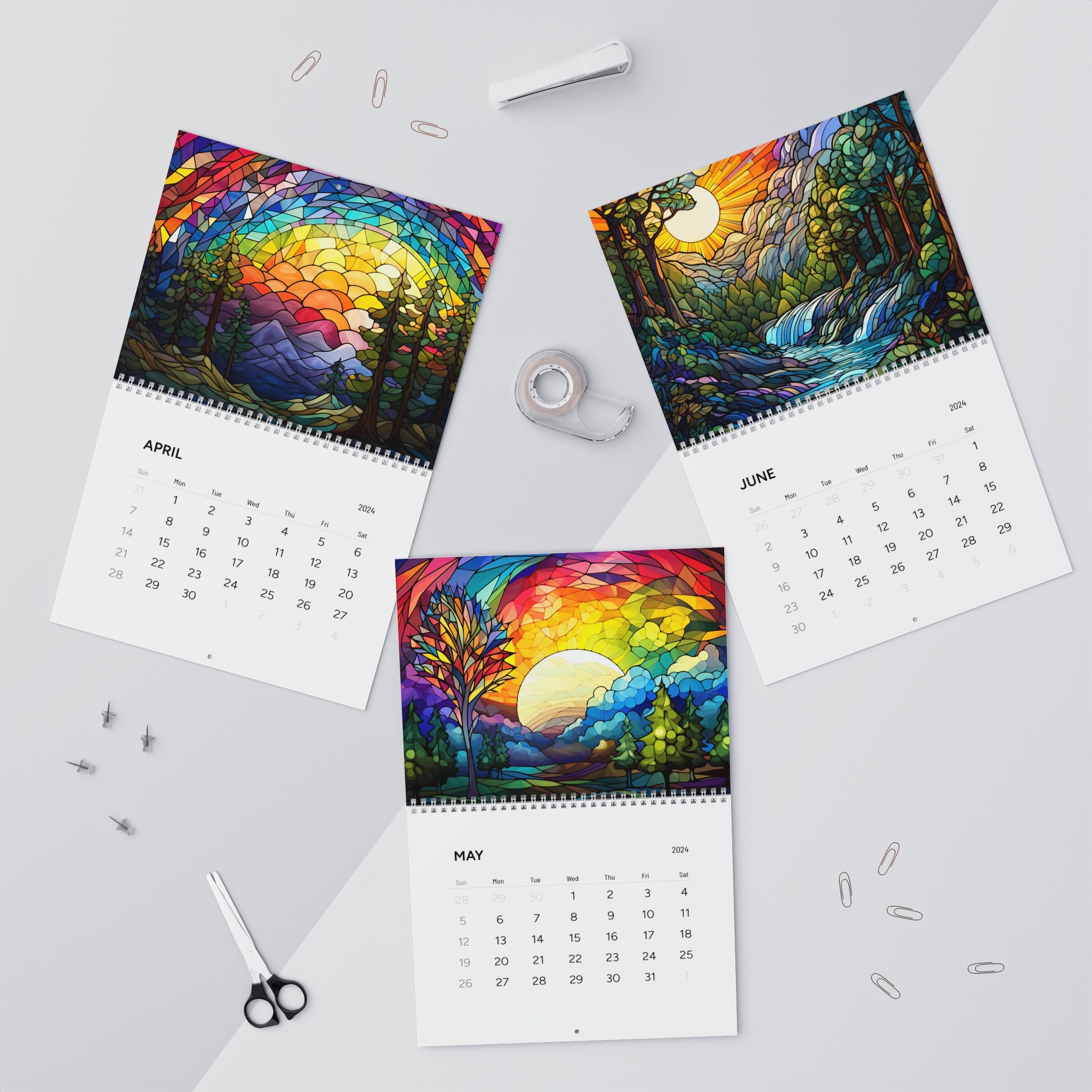 Rainbow 2024 calendar, sunset calendar 2024, stained glass forest