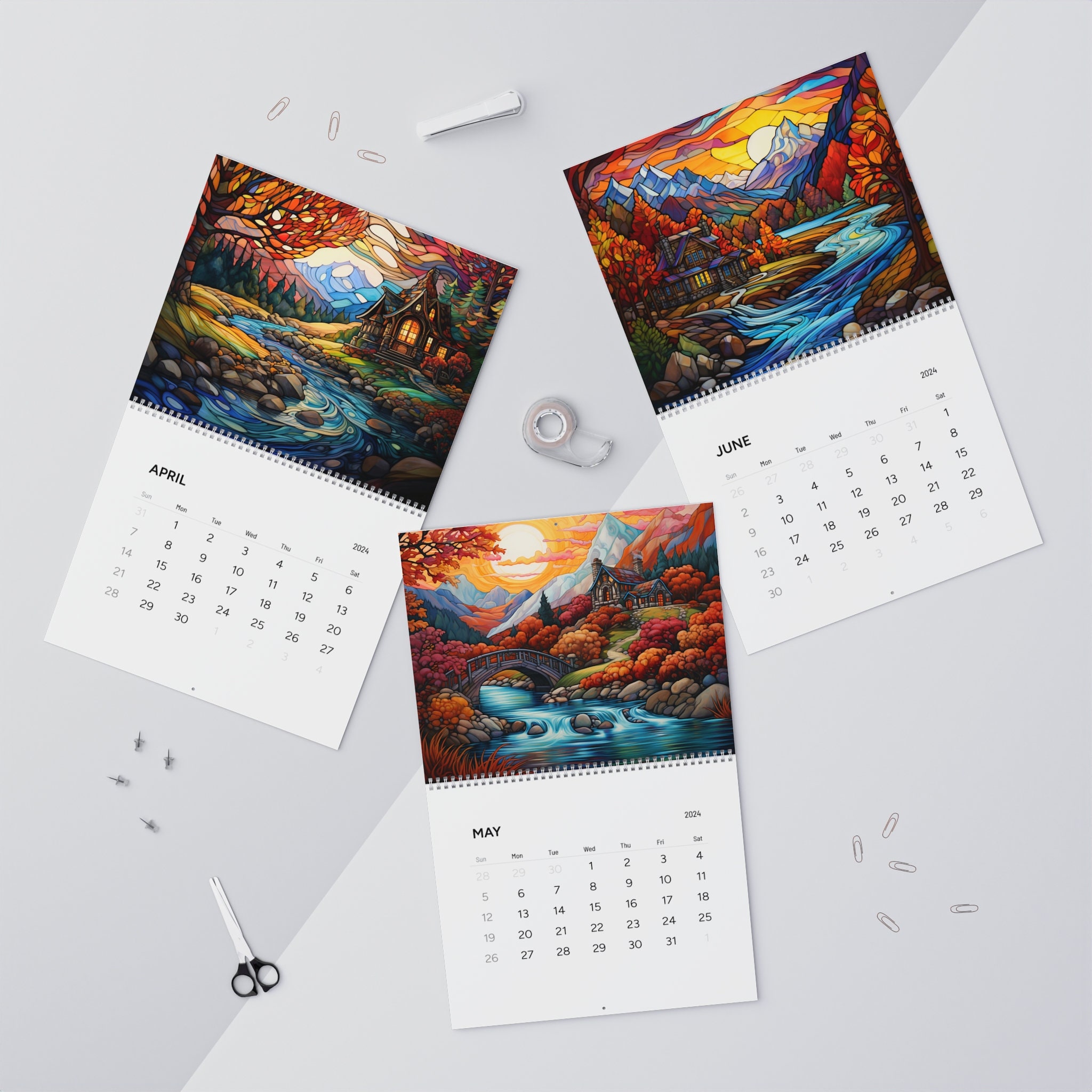Fall wall calendar 2024, mountain calendar 2024, bridge calendar 2024