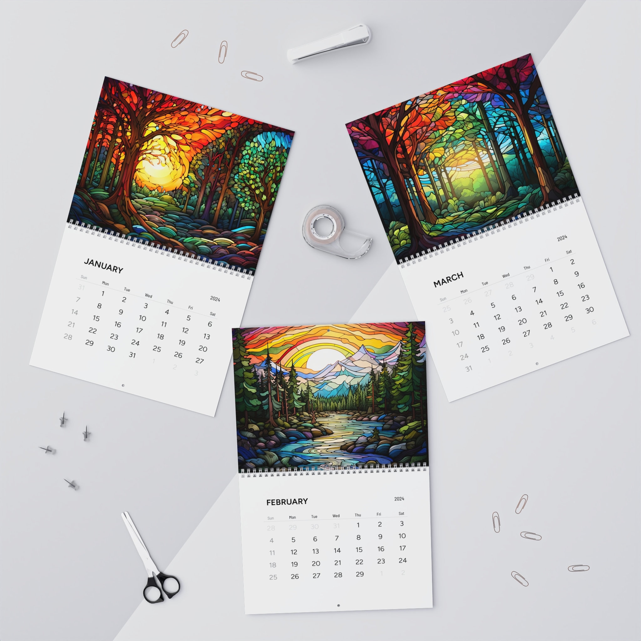 2024 calendar, rainbow 2024 calendar, stained glass 2024 calendar