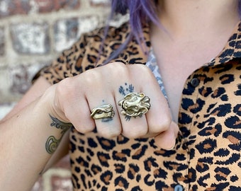 Handmade Adjustable Brass Two Finger Lion Ring | Statement Ring