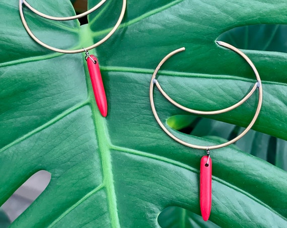 Handmade Brass Crescent Hoops with Red Turquoise Spike Beads