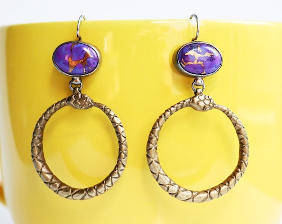 Handmade Purple Turquoise, Brass, and Silver Ouroboros Statement Earrings