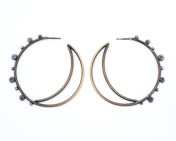 Handmade Oxidized Brass and Sterling Silver Sun and Moon Hoops