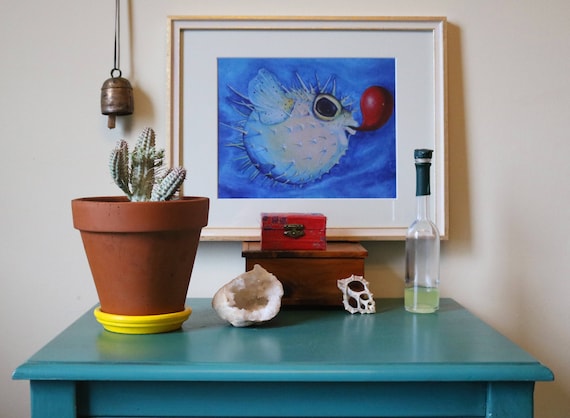 Art Print | Yellow Puffer Fish with Balloon, animal prints *framing available*