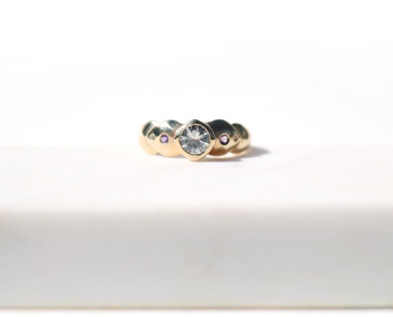 Handmade 14k yellow gold Leaf Ring with 5mm White Sapphire, Amethyst, and White Topaz