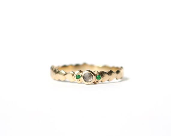 Scale Ring with Gray Diamond and Emerald in 14k Yellow Gold