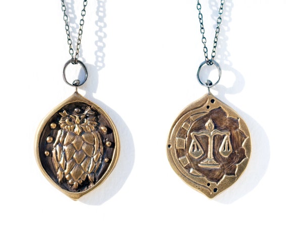 Handmade Athena Necklace in Brass on Oxidized Silver Chain | Owl Necklace