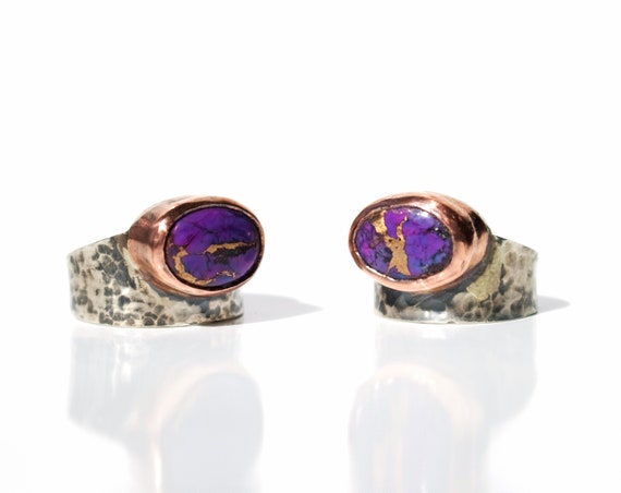 Silver and Copper Hammered Ring with Purple Turquoise | Handmade Jewelry