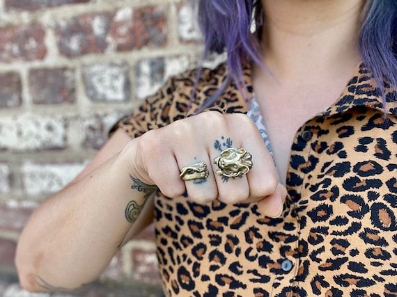 Handmade Adjustable Brass Two Finger Lion Ring | Statement Ring