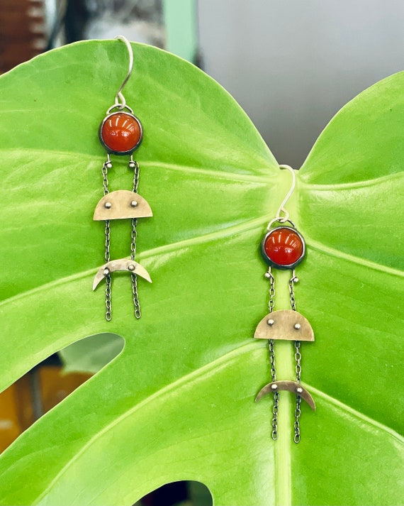 Handmade Carnelian Mixed Metal Moon Phase Earrings