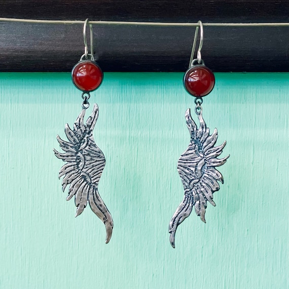 Handmade Silver and Carnelian Wing Earrings