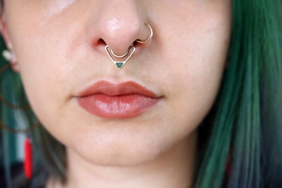 Handmade Turquoise Inlay Geometric Triangle Septum Ring | in Sterling Silver or 14k gold | Body Jewelry