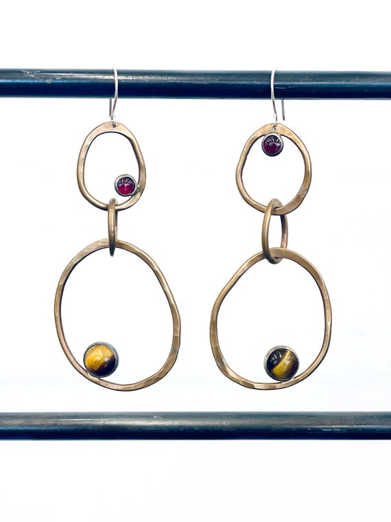 Handmade Brass, Silver, Garnet and Tigers eye Oval Chainlink Earrings