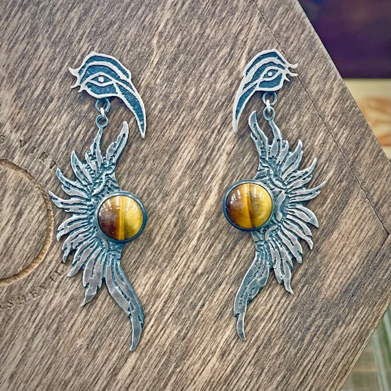 Handmade Sterling Silver and Tiger's Eye Crane Earrings