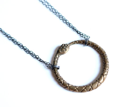 Handmade Unisex Ouroboros Necklace in Brass with Ox silver chain or Sterling Silver