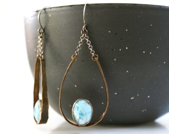 BACKORDERED Brass and Silver Larimar Teardrop Chandelier Earrings