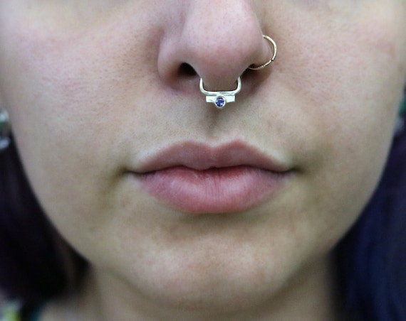 Handmade geometric septum ring in sterling silver and spinel or 14k yellow gold and iolite