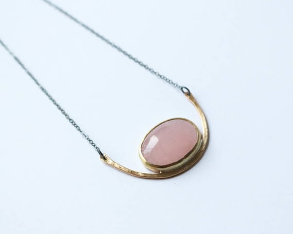 Necklace | Hammered Brass and Rose Quartz Pendant, handmade jewelry