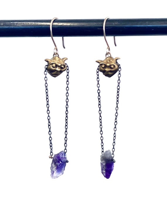 Handmade Brass, Silver, and Amethyst Gargoyle Chain Earrings