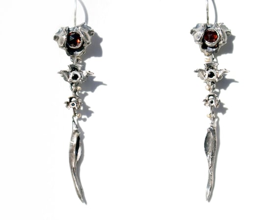 Handmade Os Anguis Earrings in Sterling Silver with Garnet + Spinel | Snake Vertebrae