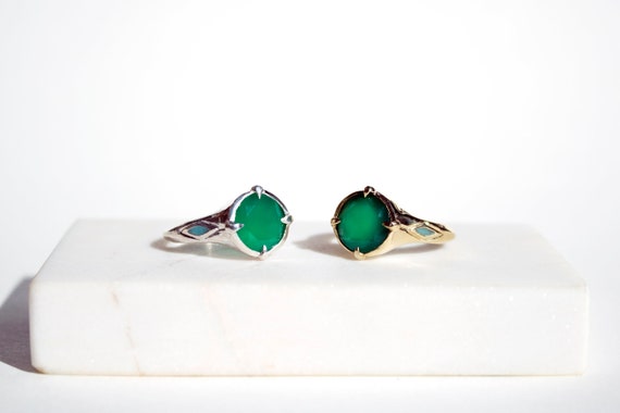 Green Onyx Harlequin Ring in Silver or Brass with Turquoise Inlay