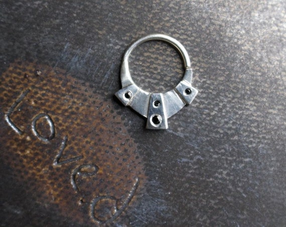 Handmade Art Deco Septum Ring in Sterling Silver with Black Spinels | Body Jewelry