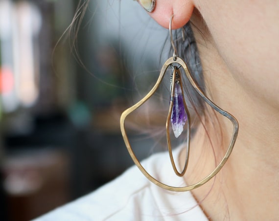 Handmade Brass and Amethyst Double Door knocker Earrings