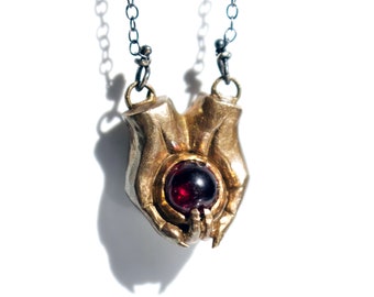 Handmade Brass and Garnet Goblin Hands Necklace