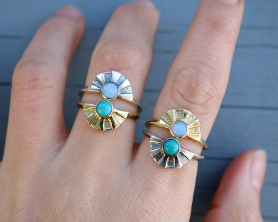 Handmade Solis Ring in Silver or Brass with Turquoise or Opal