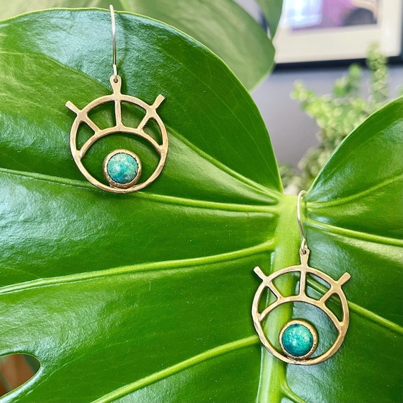 Handmade Brass and Chrysocolla Evil Eye Earrings