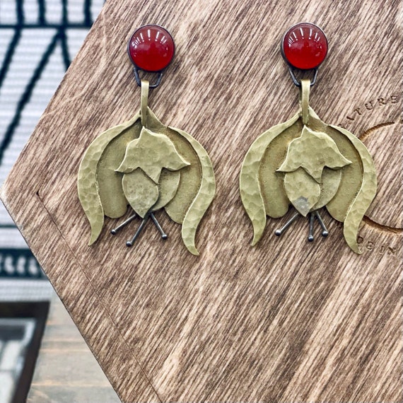 Handmade Brass, Sterling Silver, and Carnelian Rosebud Earrings