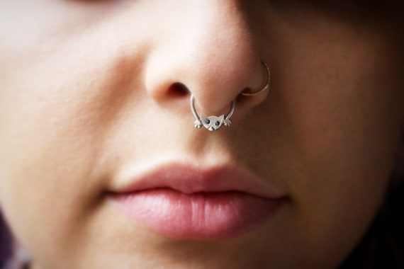 Handmade Sterling Silver Cat Septum Ring with Spinel Eyes | Body Jewelry