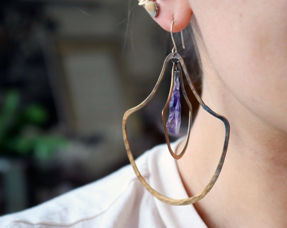 Handmade Brass and Amethyst Double Door knocker Earrings - Large