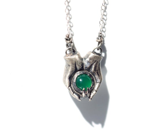 Handmade Silver and Green Onyx Goblin Hands Necklace