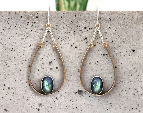 BACKORDERED Brass and Silver Labradorite Teardrop Chandelier Earrings