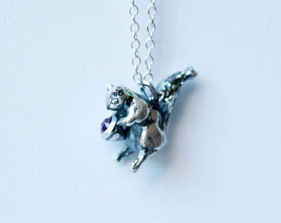 Silver and Amethyst Squirrel Necklace | handmade jewelry