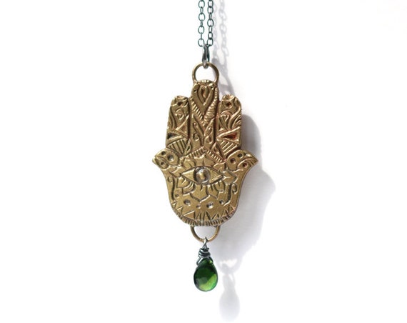 Brass and Sterling Silver Hamsa Necklace with Green Tourmaline