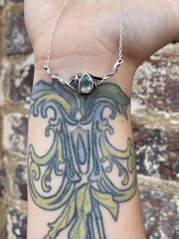 Handmade Sterling Silver, Moss Agate, and Peridot Mushroom Necklace