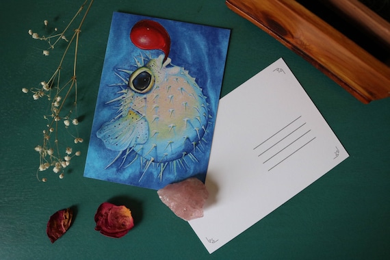 Art Postcard | Puffer Fish with Red Balloon Postcard, animal prints