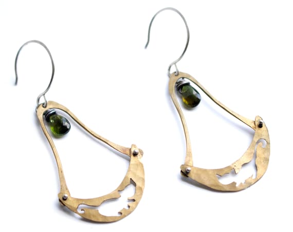 Handmade Brass and Tourmaline Cat Silhouette Earrings