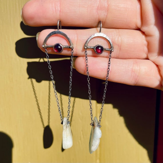 Handmade Silver, Rhodolite Garnet, and Aquamarine Chain Earrings