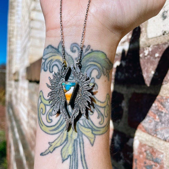 Handmade Silver and Mohave Oyster Turquoise Aerial Wing Necklace