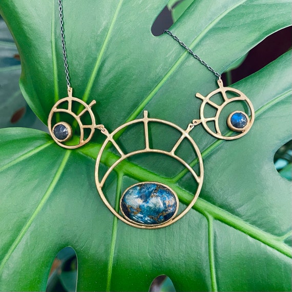 Handmade Brass Third Eye Necklace with Kyanite and Labradorite