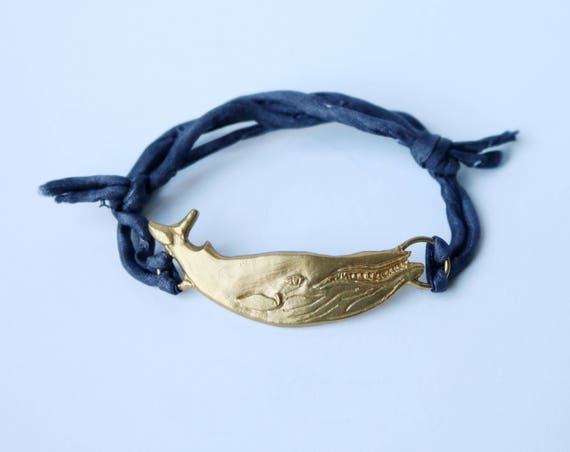 Brass Humpback Whale on Adjustable Silk Bracelet | handmade jewelry