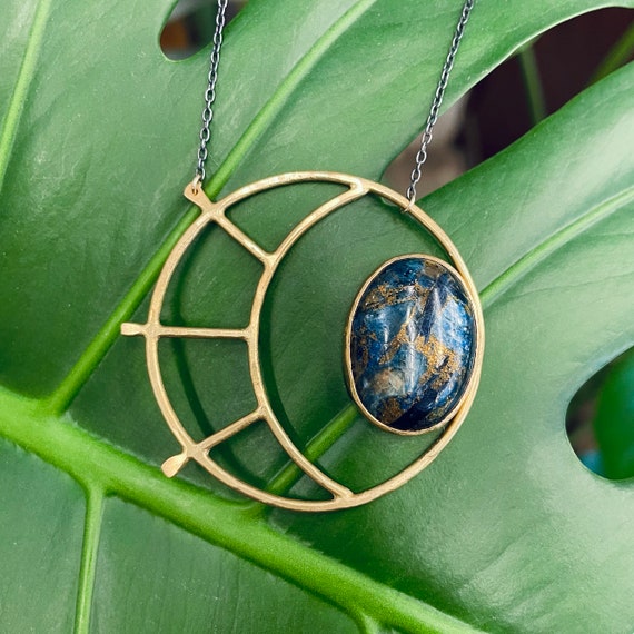 Handmade Brass and Kyanite Sun and Moon Necklace