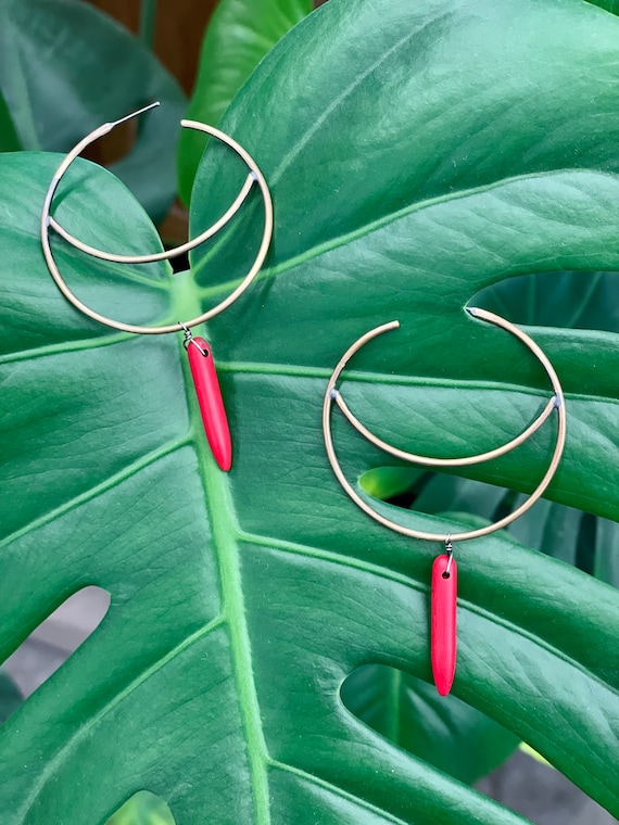 Handmade Brass Crescent Hoops with Red Turquoise Spike Beads