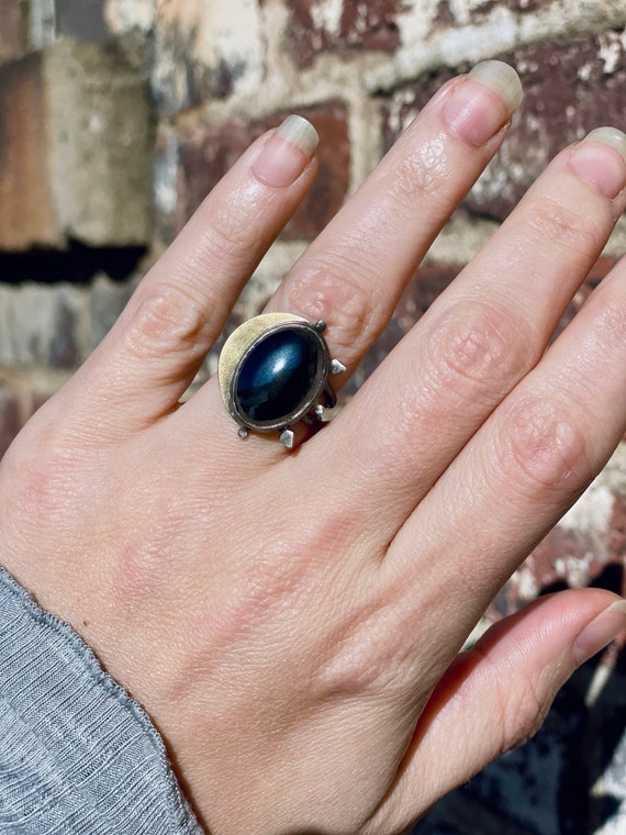 Handmade Silver, Brass, and Hematite Sun and Moon Ring