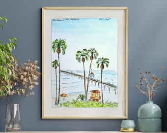 San Clemente Pier Art Watercolor Sketch Drawing Landscape Art, California Coast San Clemente Seascape Palm Trees Art Poster Print